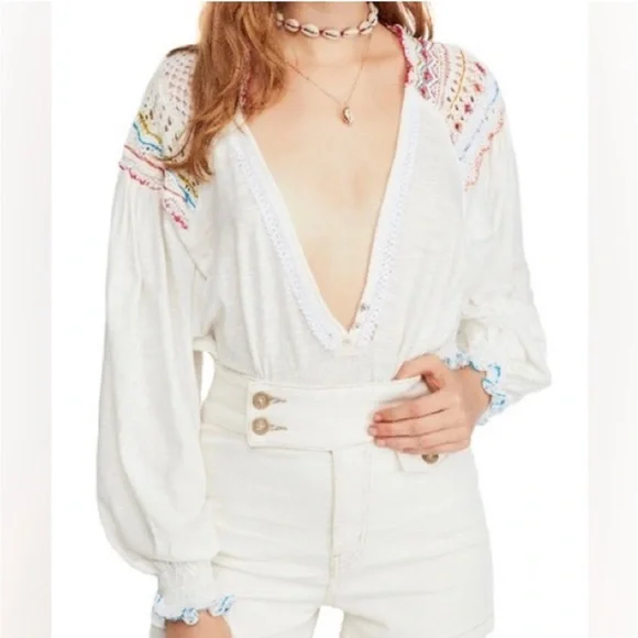 Free People Siesta Fiesta Embroidered Boho Knit Top Peasant Henley Med - Picture 4 of 12